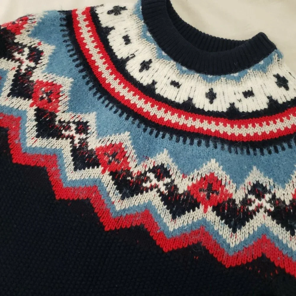 J. Crew Zigzag Fair Isle Sweater Wool Blend Navy Blue in Small